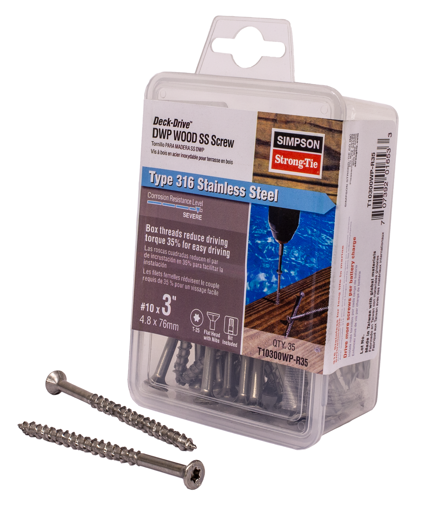 Simpson Strong-Tie T10300WP-R35 Deck-Drive™ DWP WOOD SS Screw — #10 x 3 in. T25, Flat Head, Type 316 (35-Qty)