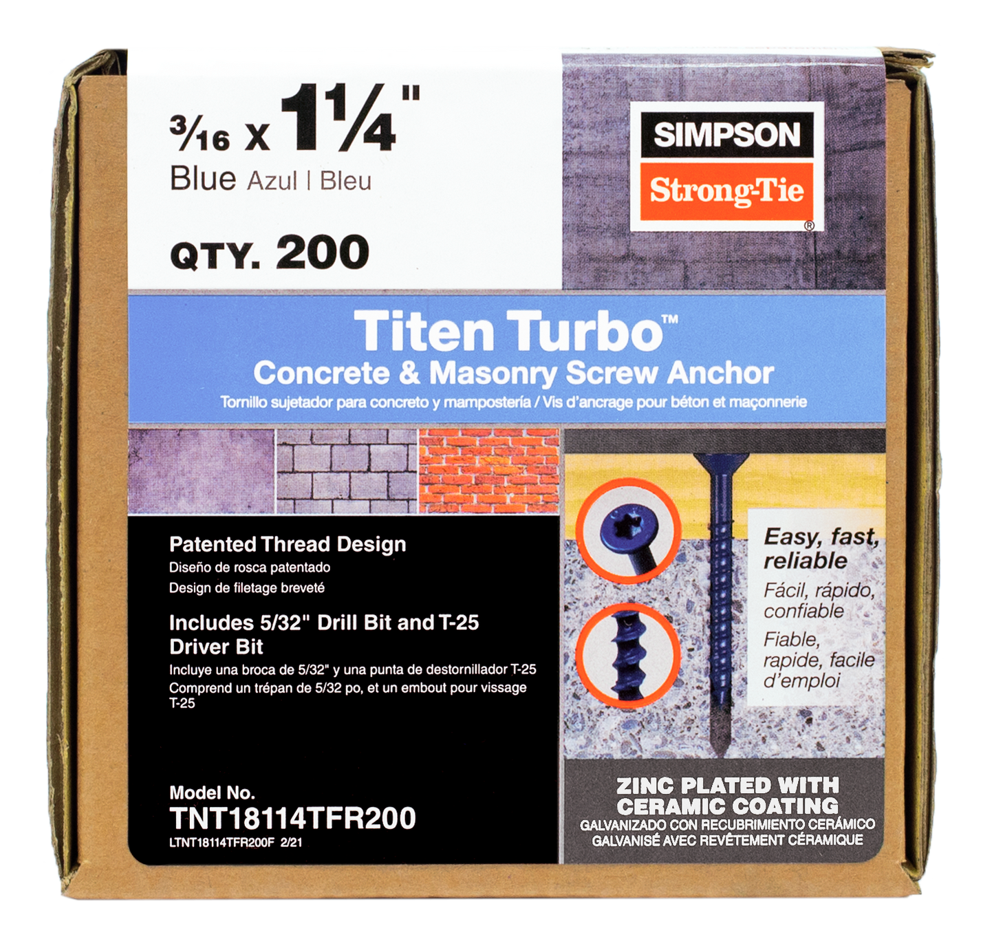 Simpson Strong-Tie TNT18114TFR200 Titen Turbo™ — 3/16 in. x 1-1/4 in. 6-Lobe Flat-Head Concrete and Masonry Screw, Blue (200-Qty) (Pack of 594)