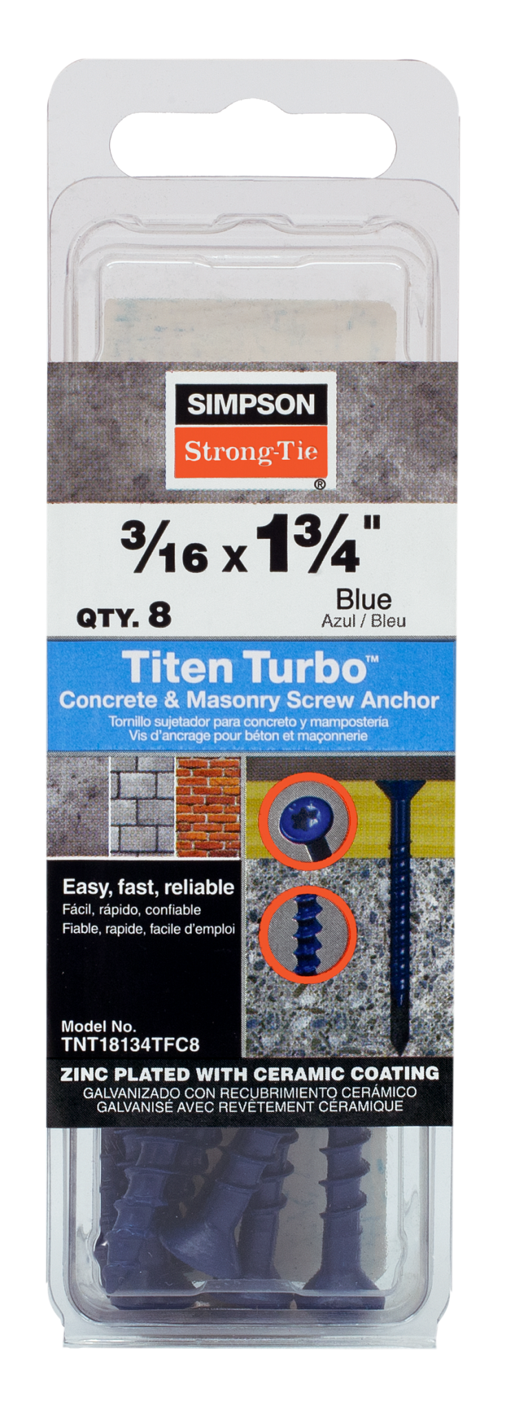 Simpson Strong-Tie TNT18134TFC8 Titen Turbo™ — 3/16 in. x 1-3/4 in. 6-Lobe Flat-Head Concrete and Masonry Screw, Blue (8-Qty) (Pack of 20)