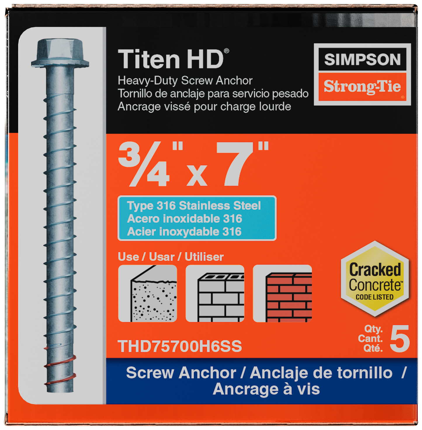 Simpson Strong-Tie THD75700H6SS Titen HD® 3/4 in. x 7 in. Type 316 Stainless Steel Heavy-Duty Screw Anchor (5-Qty) (Pack of 2)