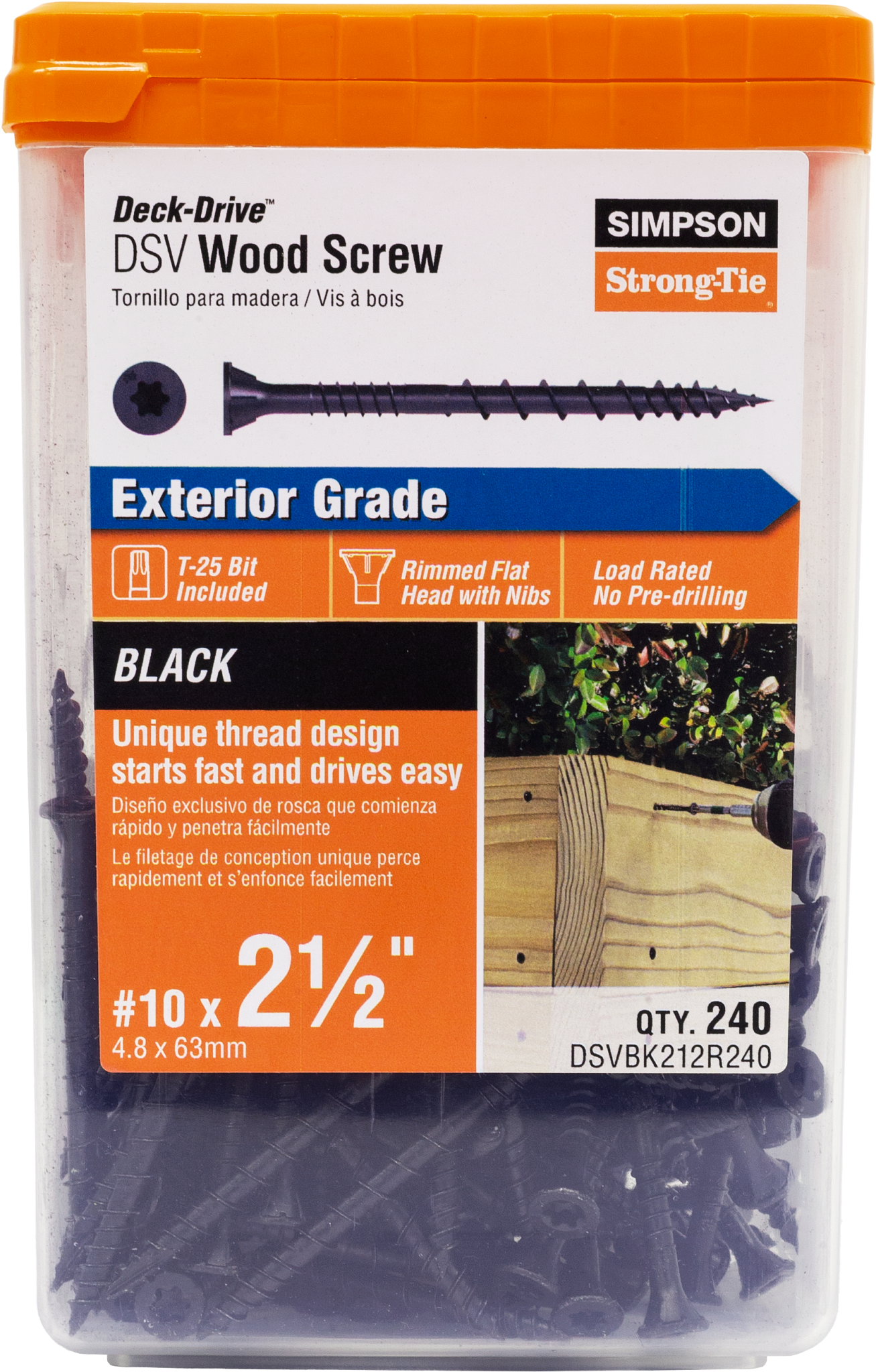Simpson Strong-Tie DSVBK212R240 Deck-Drive™ DSV WOOD Screw — #10 x 2-1/2 in. T25, Flat Head, Quik Guard®, Black (240-Qty) (Pack of 396)