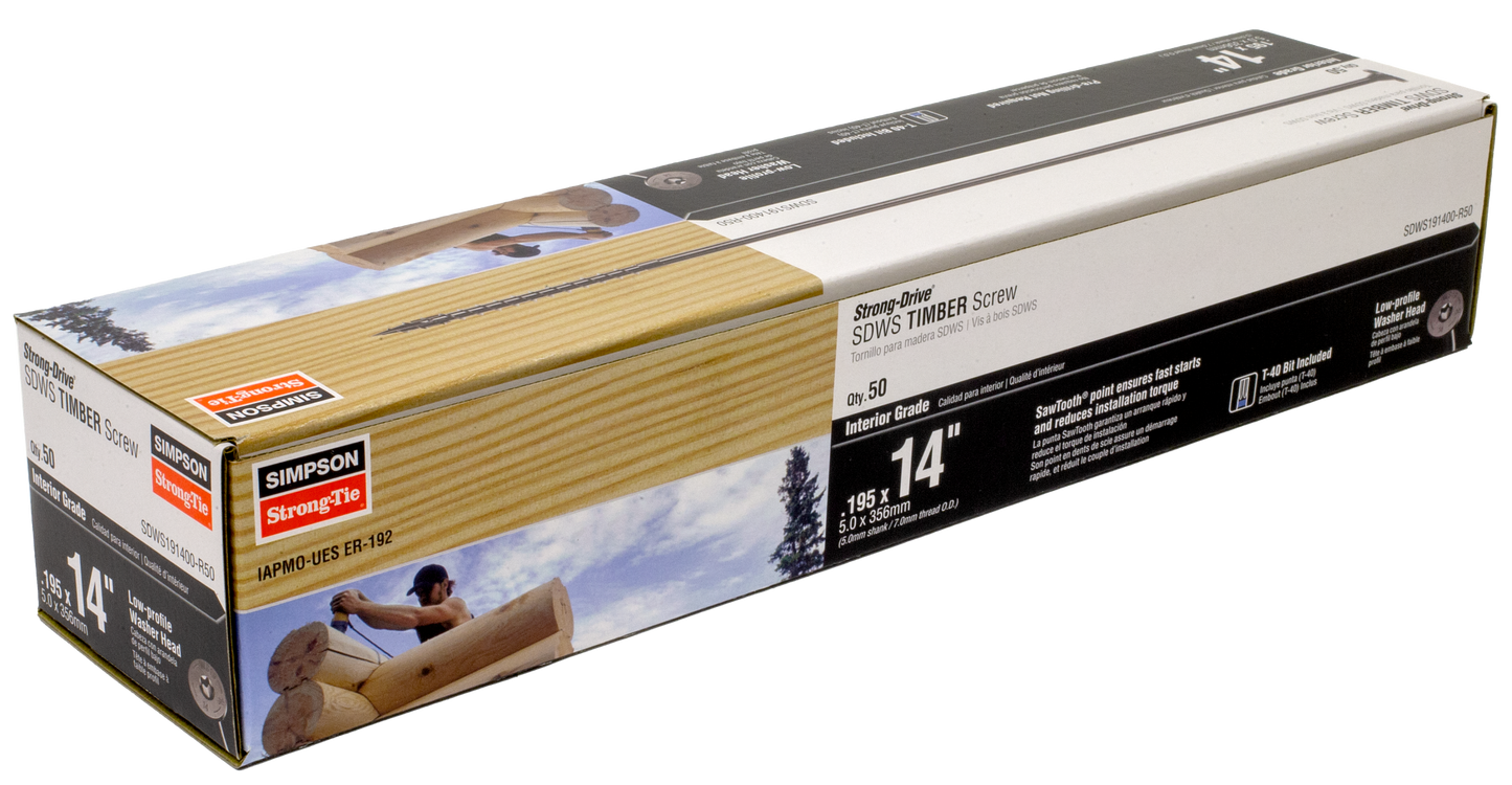 Simpson Strong-Tie SDWS191400-R50 Strong-Drive® SDWS™ TIMBER Screw (Interior) — 0.195 in. x 14 in. E-coat® (50-Qty) (Pack of 96)