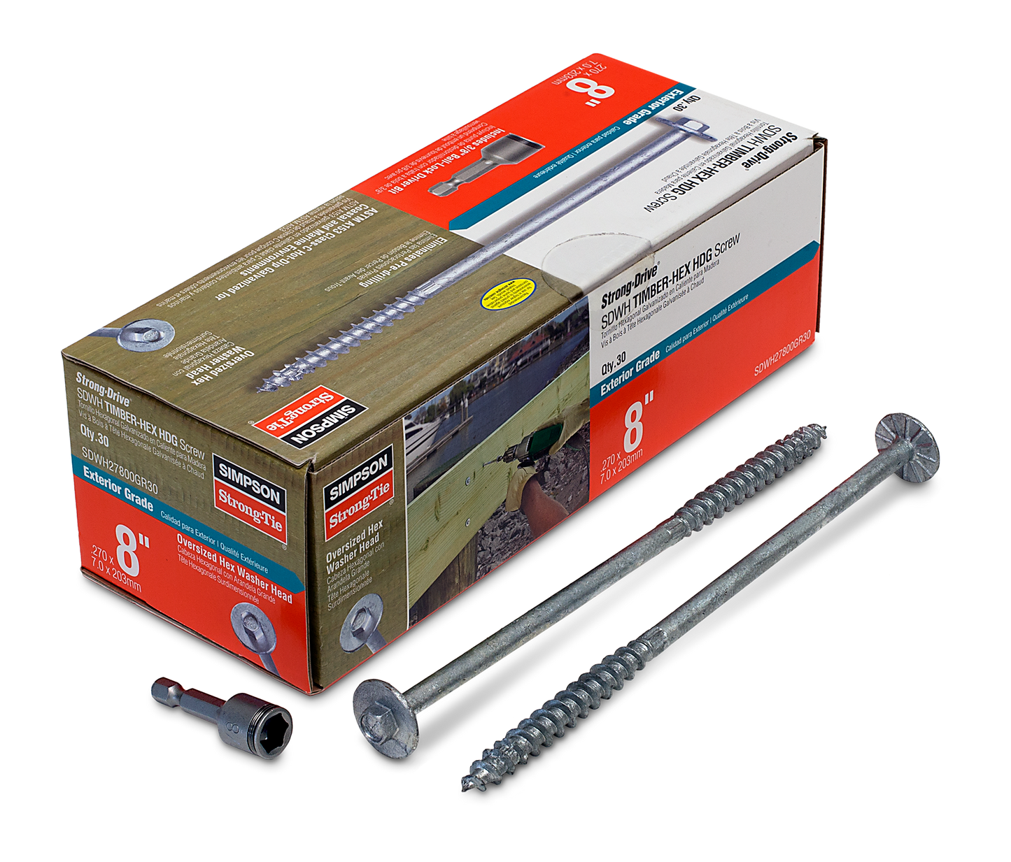 Simpson Strong-Tie SDWH27800GR30 Strong-Drive® SDWH™ TIMBER-HEX HDG Screw — 0.276 in. x 8 in. 3/8 Hex (30-Qty) (Pack of 240)
