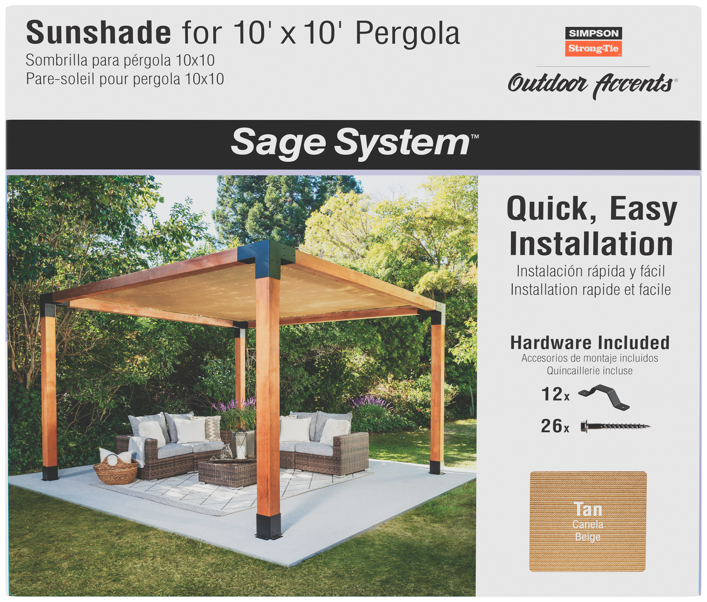 Simpson Strong-Tie SAGE-SHADE10X10T Outdoor Accents® Sage-Shade™ Sunshade for 10 ft. x 10 ft. Pergola, Tan