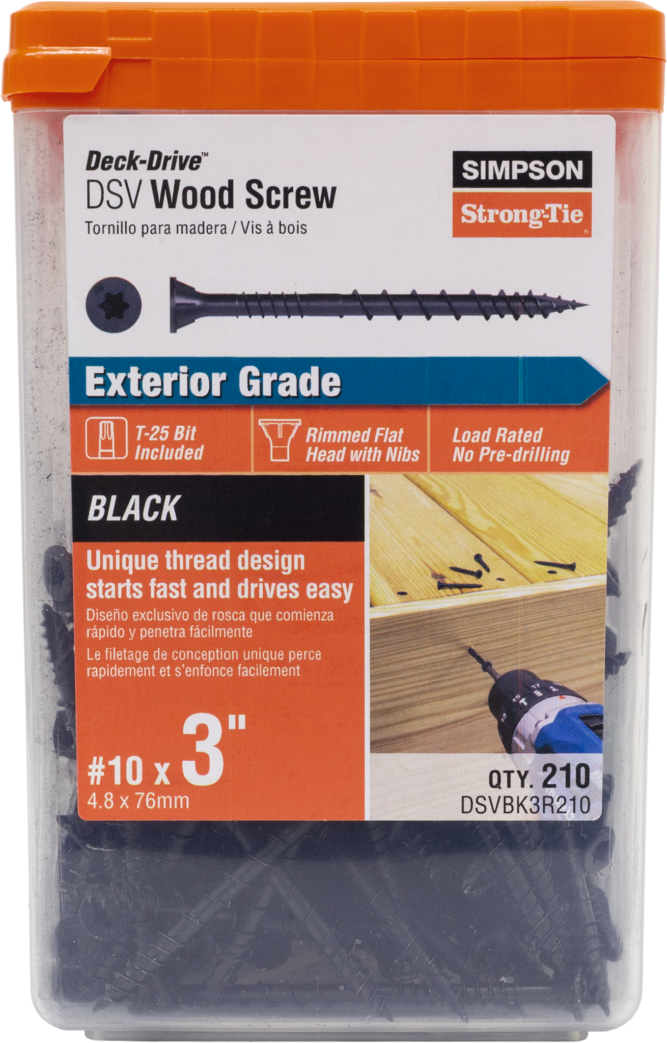Simpson Strong-Tie DSVBK3R210 Deck-Drive™ DSV WOOD Screw — #10 x 3 in. T25, Flat Head, Quik Guard®, Black (210-Qty) (Pack of 3)