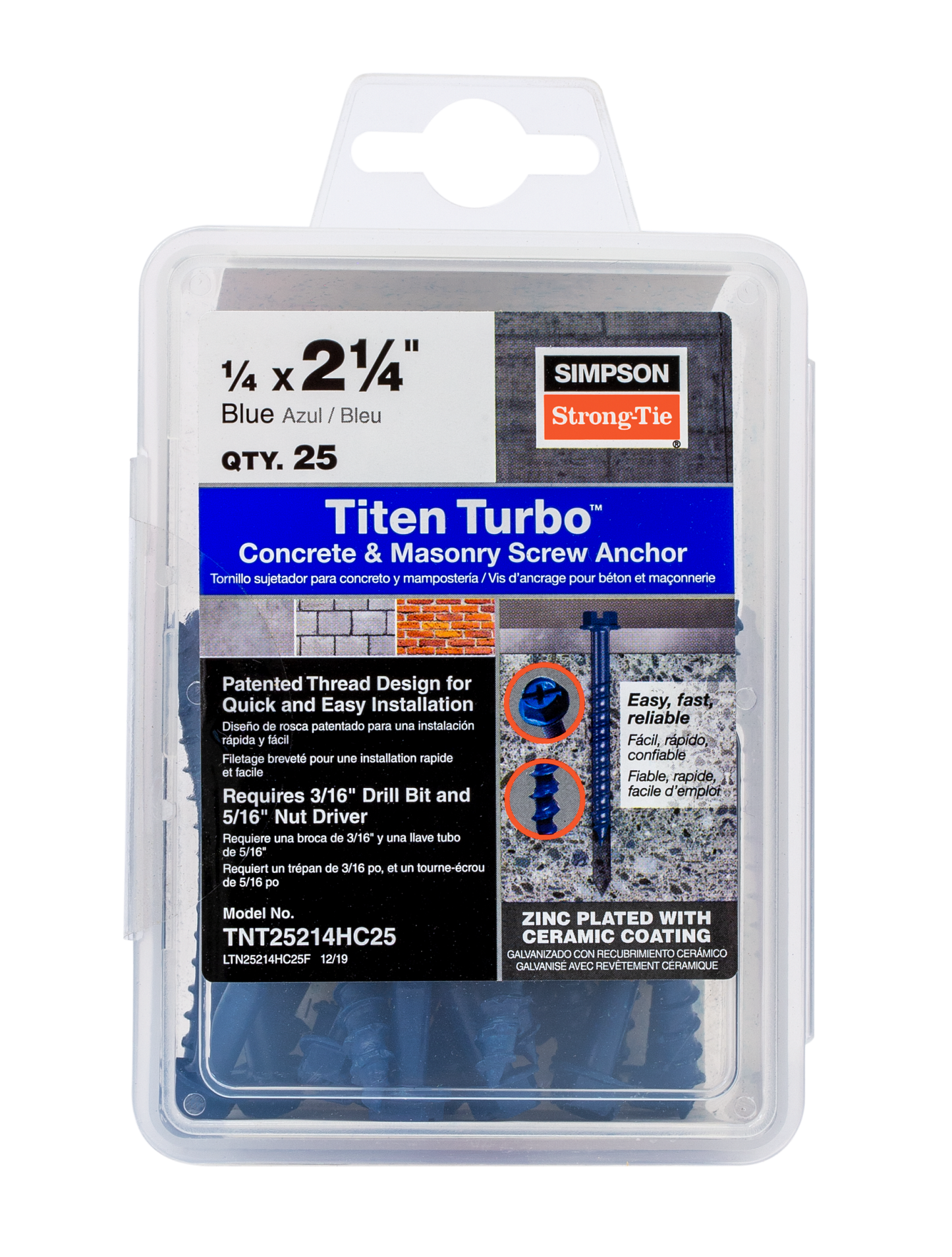 Simpson Strong-Tie TNT25214H Titen Turbo™ — 1/4 in. x 2-1/4 in. Hex-Head Concrete and Masonry Screw, Blue (100-Qty)