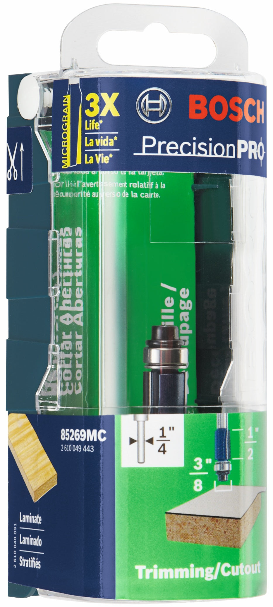 Broca fresadora BOSCH 85269MC de doble flauta con punta de carburo de 3/8 pulg. x 1/2 pulg. para corte al ras