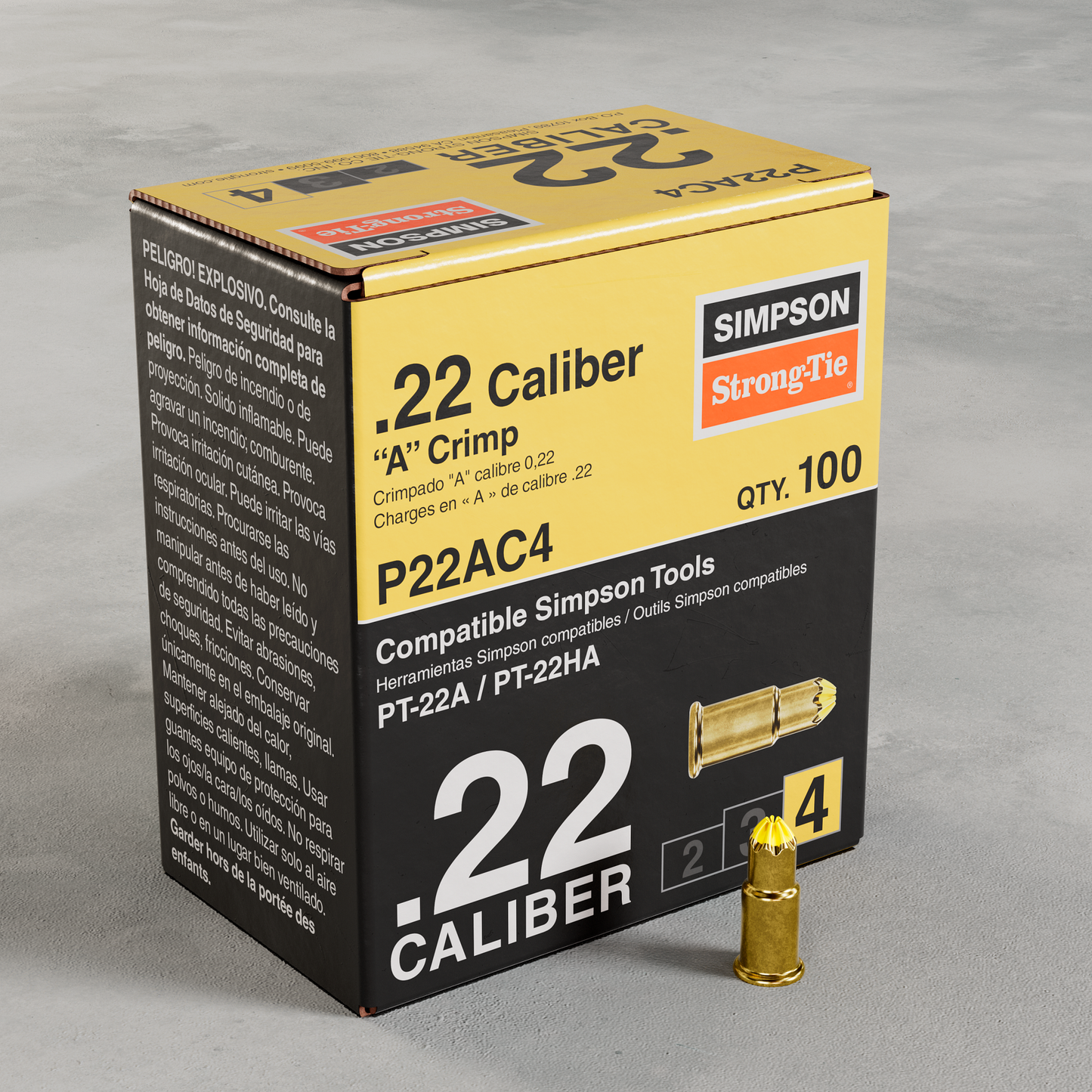 Simpson Strong-Tie P22AC4 P22AC 0.22-Caliber “A” Single-Shot Crimp Loads, LVL 4, Yellow (100-Qty) (Pack of 100)