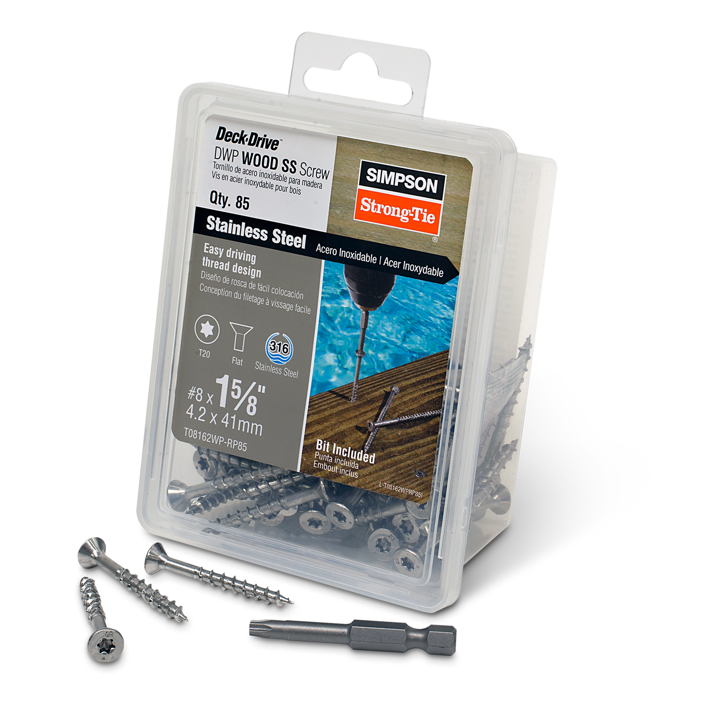 Simpson Strong-Tie T08162WP-RP85 Deck-Drive™ DWP WOOD SS Screw — #8 x 1-5/8 in. T20, Flat Head, Type 316 (85-Qty)