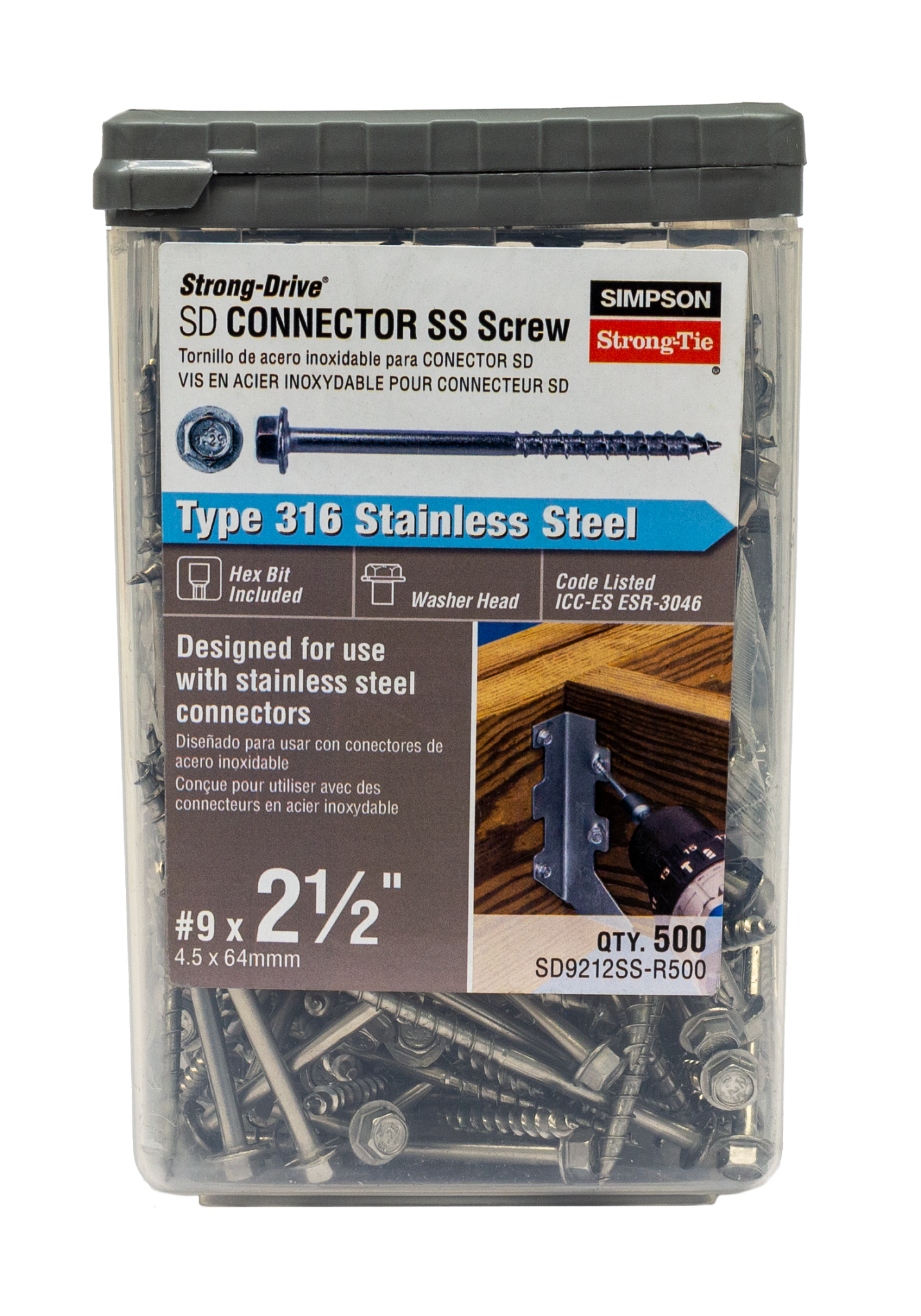 Simpson Strong-Tie SD9212SS-R500 Strong-Drive® SD CONNECTOR SS Screw — #9 x 2-1/2 in. 1/4-Hex Drive, Type 316 (500-Qty) (Pack of 3)
