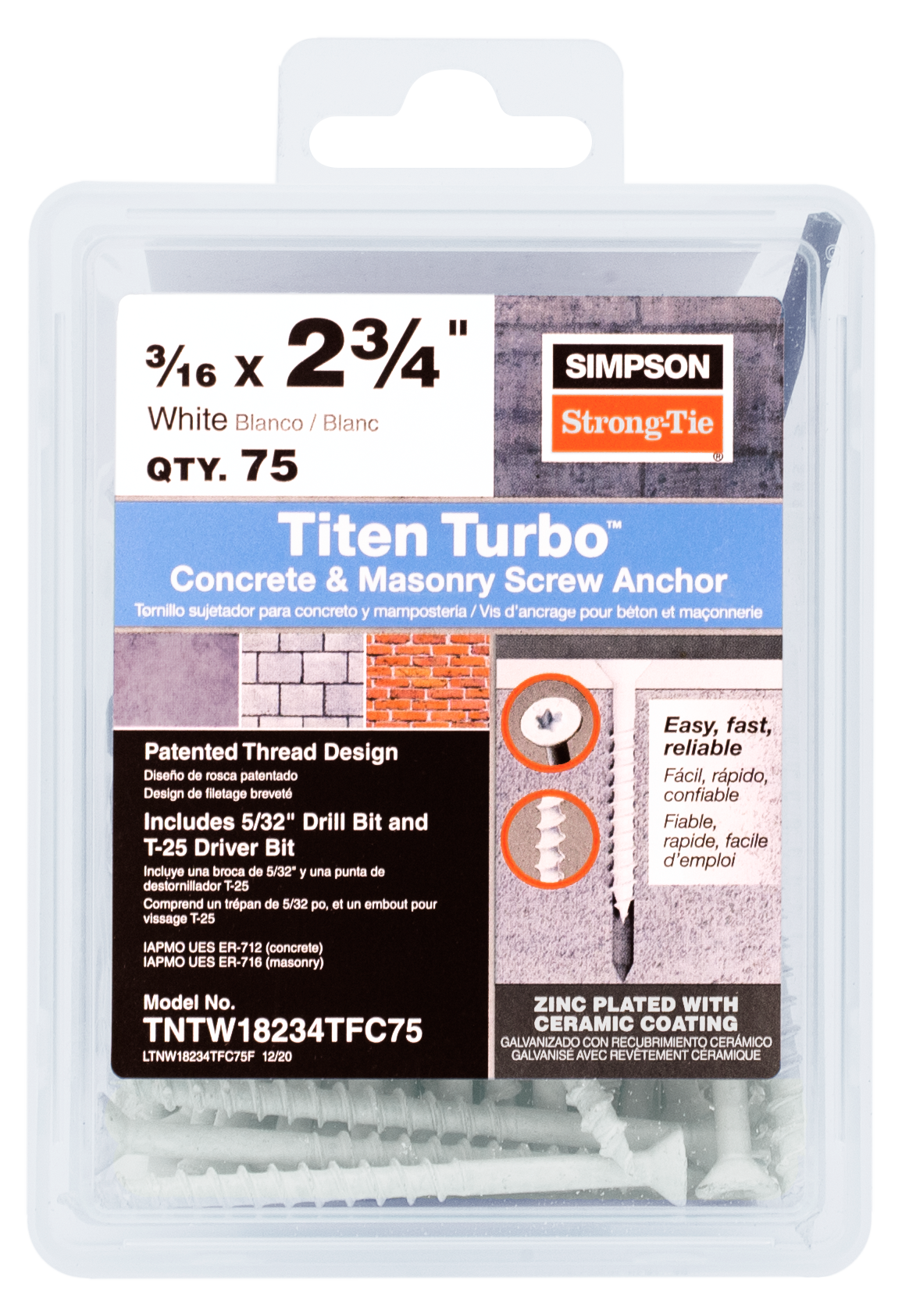 Simpson Strong-Tie TNTW18234TFC75 Titen Turbo™ — 3/16 in. x 2-3/4 in. 6-Lobe Flat-Head Concrete and Masonry Screw, White (75-Qty) (Pack of 1152)