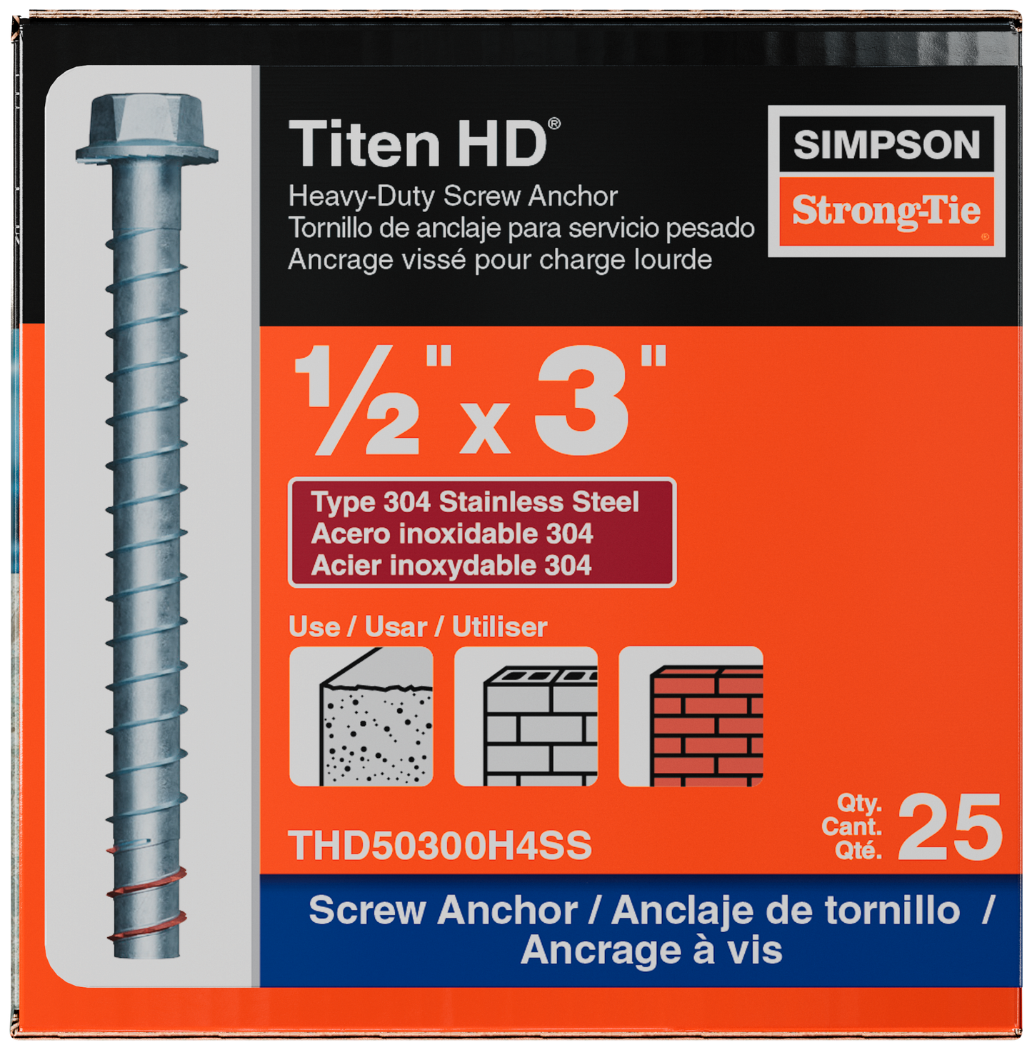 Simpson Strong-Tie THD50300H4SS Titen HD® 1/2 in. x 3 in. Type 304 Stainless Steel Heavy-Duty Screw Anchor (25-Qty)