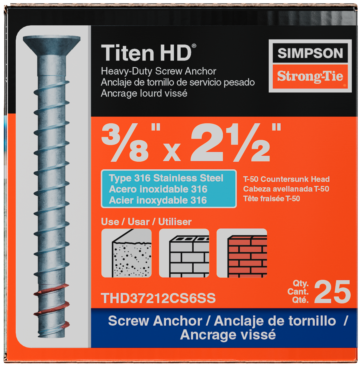 Simpson Strong-Tie THD37212CS6SS Titen HD® 3/8 in. x 2-1/2 in. Type 316 SS Countersunk Head Heavy-Duty Screw Anchor (25-Qty) (Pack of 5)
