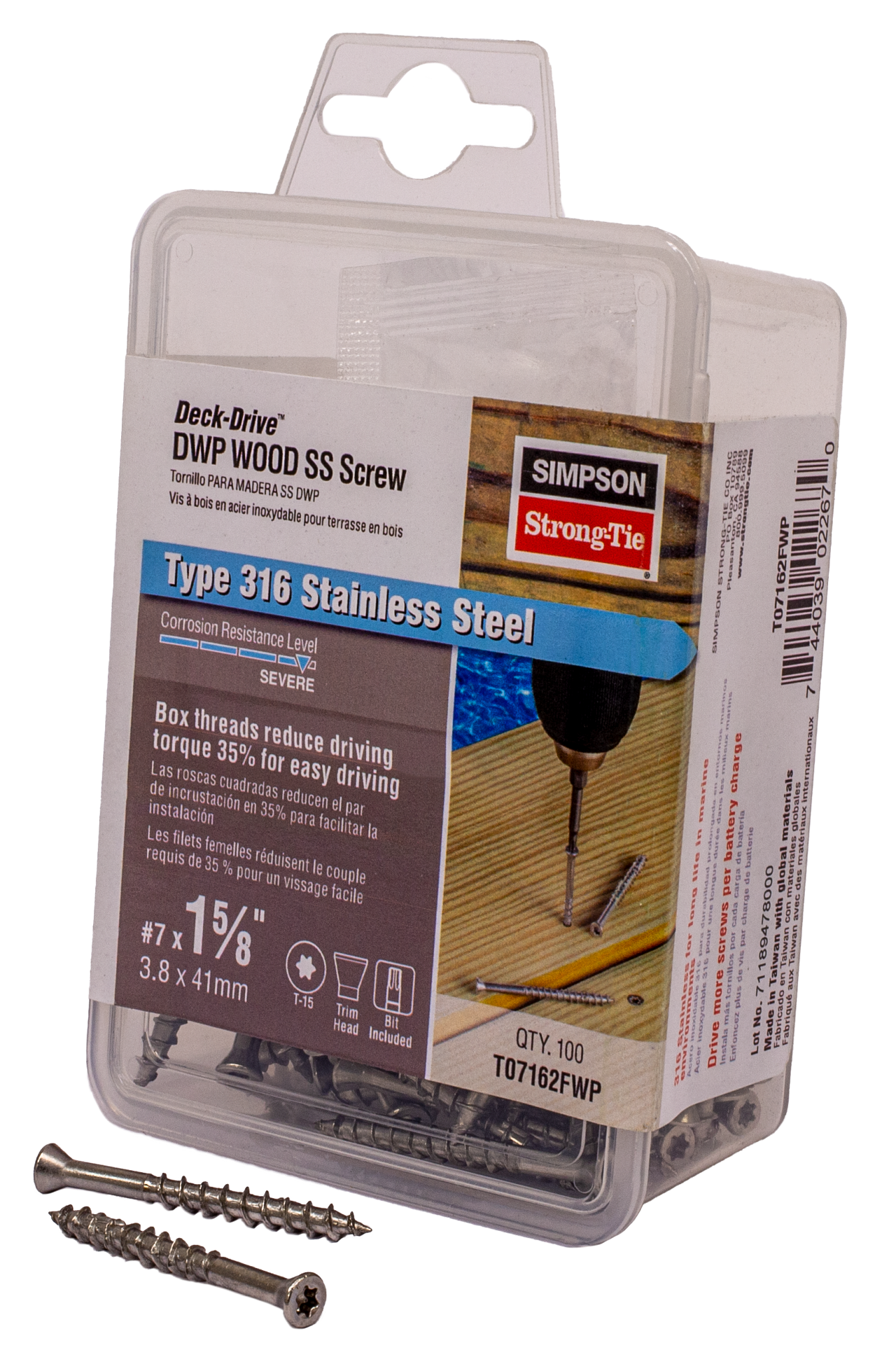 Simpson Strong-Tie T07162FWP Deck-Drive™ DWP WOOD SS Screw — #7 x 1-5/8 in. T-15, Trim Head, Type 316 (100-Qty) (Pack of 5)