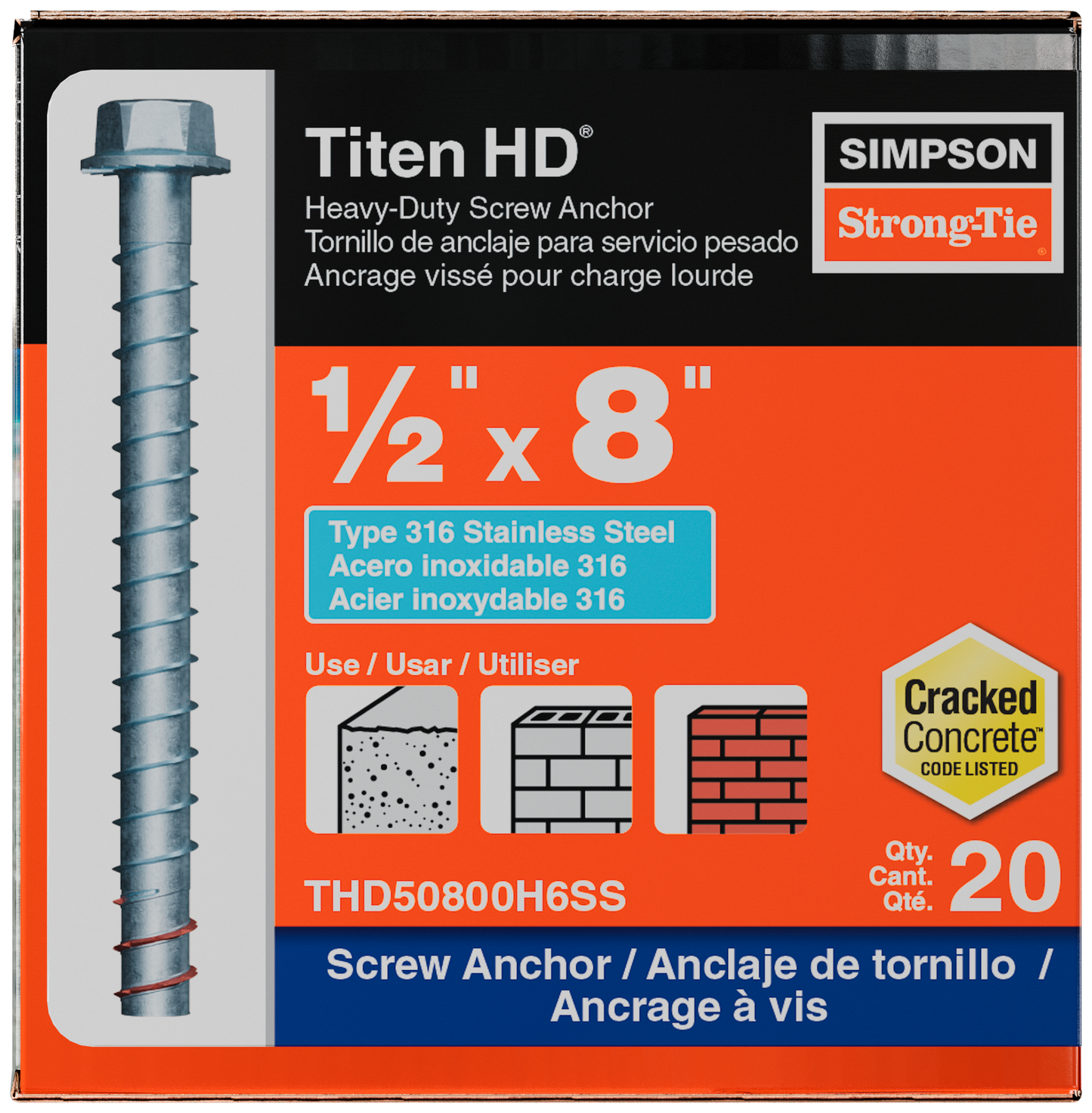 Simpson Strong-Tie THD50800H6SS Titen HD® 1/2 in. x 8 in. Type 316 Stainless-Steel Heavy-Duty Screw Anchor (20-Qty) (Pack of 2)