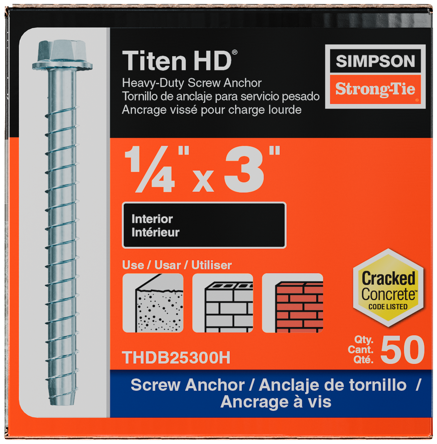 Simpson Strong-Tie THDB25300HMG Titen HD® 1/4 in. x 3 in. Mechanically Galvanized Heavy-Duty Screw Anchor (50-Qty) (Pack of 490)