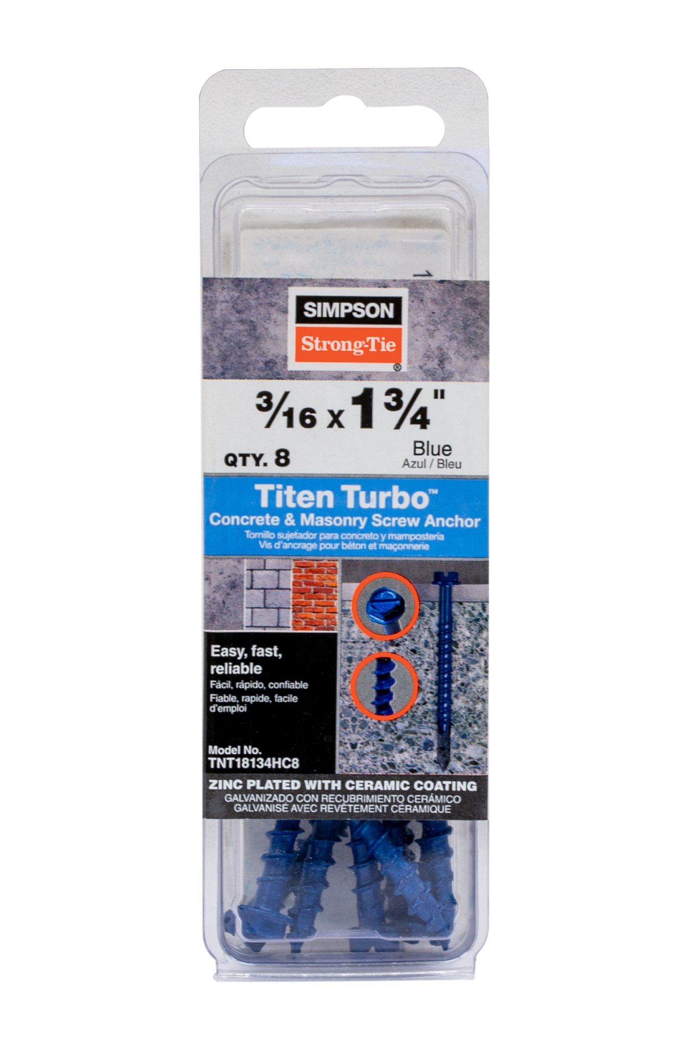 Simpson Strong-Tie TNT18134HC8 Titen Turbo™ — 3/16 in. x 1-3/4 in. Hex-Head Concrete and Masonry Screw, Blue (8-Qty)