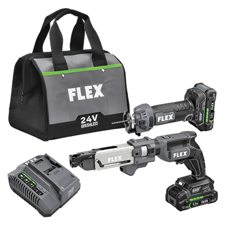 FLEX FXM203-2A Drywall Screw Gun With Magazine Attachment And Cut Out Tool Kit include (2) 2.5Ah Lithium-Ion Batteries, 160W Rapid Charger