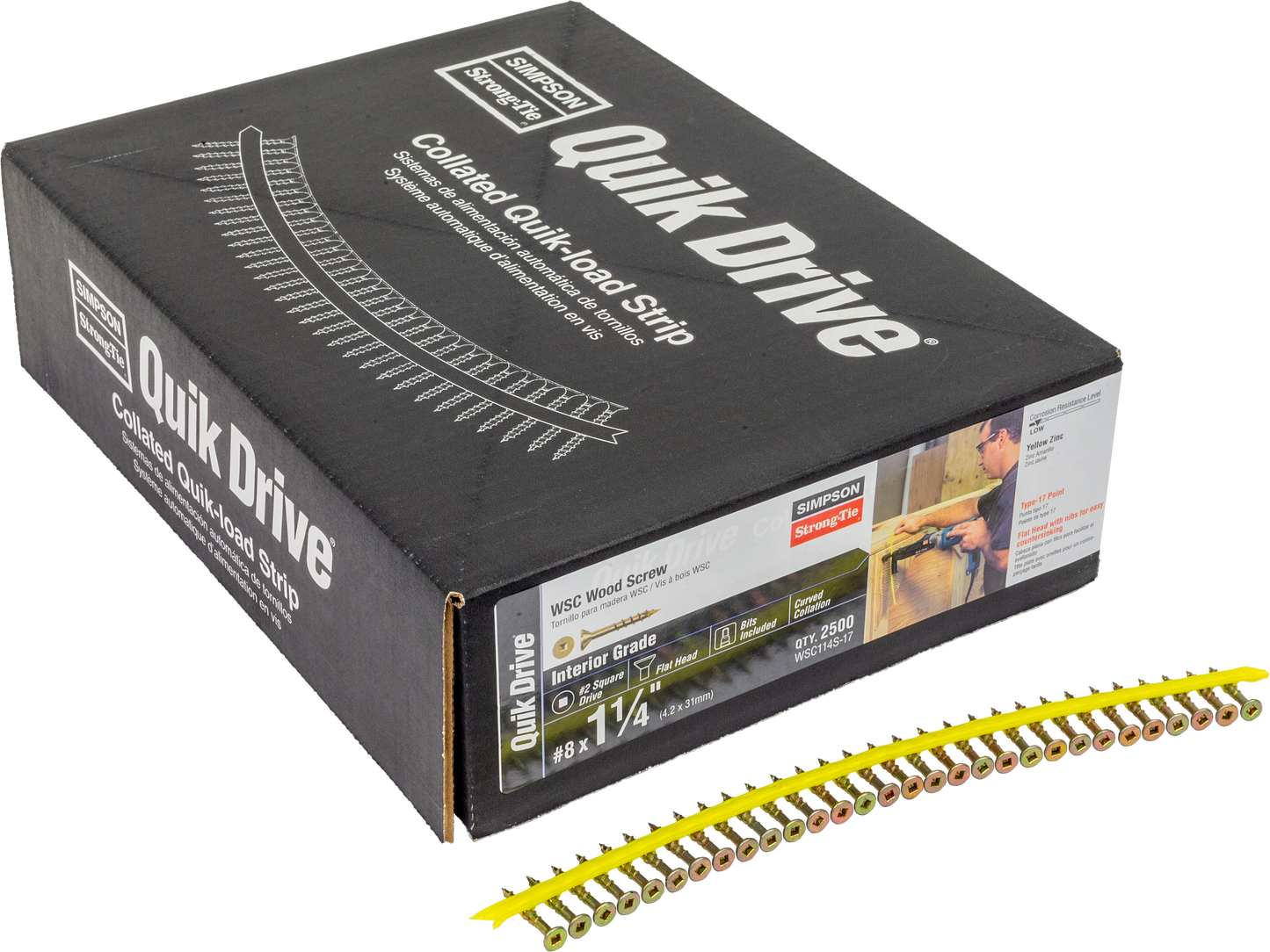 Simpson Strong-Tie WSC114S-17 WSC Wood Screw (Collated) — #8 x 1-1/4 in. #2 Square, Flat Head, Yellow Zinc (2500-Qty) (Pack of 100)