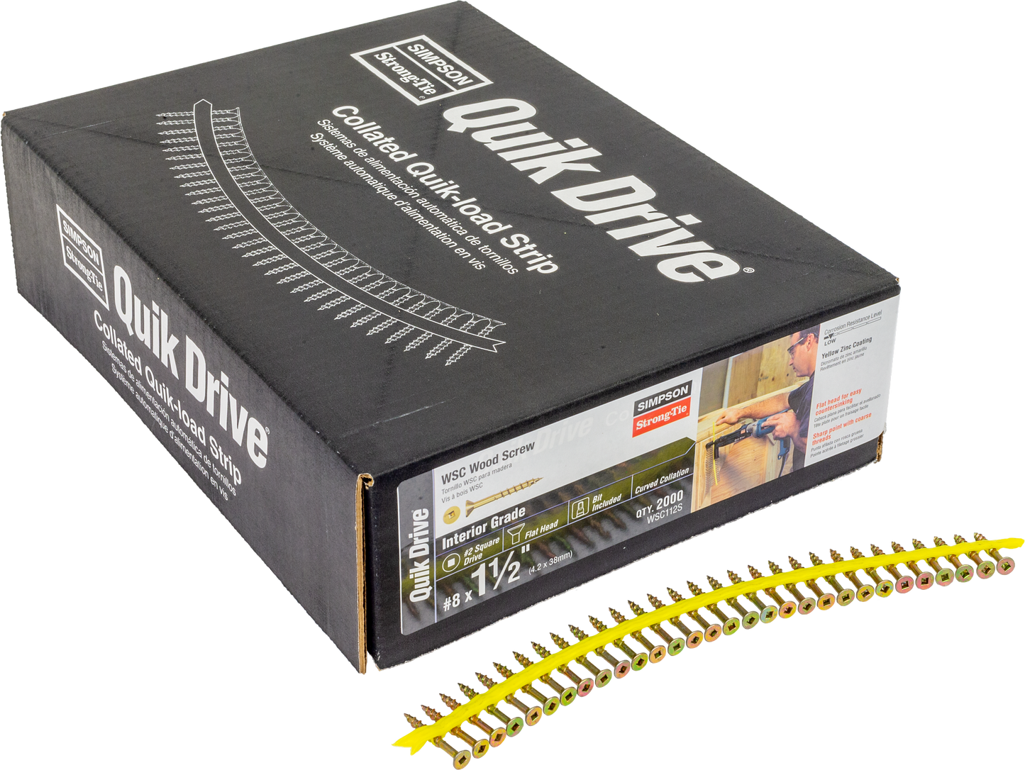 Simpson Strong-Tie WSC112S WSC Wood Screw (Collated) — #8 x 1-1/2 in. #2 Square, Flat Head, Yellow Zinc (2000-Qty)