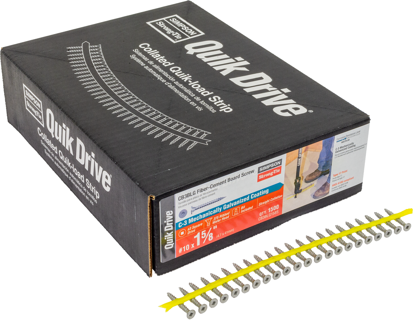 Simpson Strong-Tie CB3BLG158S CB3BLG Fiber-Cement Board Screw (Collated) — #10 x 1-5/8 in. #3 SQU (1500-Qty) (Pack of 100)